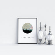 Cincinnati, Ohio map and skyline art print, a circular city map with the skyline in silhouette
