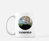 Clearfield, Utah map and skyline mug, a circular city map with the skyline in silhouette