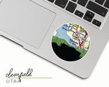 Clearfield, Utah map and skyline vinyl sticker, a circular city map with the skyline in silhouette