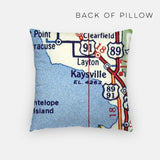 Back of the Clearfield, Utah map and skyline pillow showing the full city map