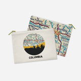 Columbia, Missouri map and skyline zipper pouch, a circular city map with the skyline in silhouette