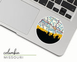 Columbia, Missouri map and skyline vinyl sticker, a circular city map with the skyline in silhouette