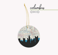 Columbus, Ohio map and skyline ceramic ornament, a circular city map with the skyline in silhouette