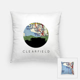 Clearfield, Utah map and skyline pillow, a circular city map with the skyline in silhouette