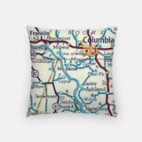 Back of the Columbia, Missouri map and skyline pillow showing the full city map