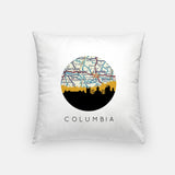 Columbia, Missouri map and skyline pillow, a circular city map with the skyline in silhouette