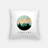 Concord, New Hampshire map and skyline pillow, a circular city map with the skyline in silhouette