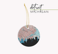 Detroit, Michigan map and skyline ceramic ornament, a circular city map with the skyline in silhouette