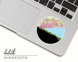 Duluth, Minnesota map and skyline vinyl sticker, a circular city map with the skyline in silhouette
