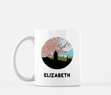 Elizabeth, New Jersey map and skyline mug, a circular city map with the skyline in silhouette