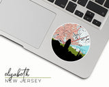 Elizabeth, New Jersey map and skyline vinyl sticker, a circular city map with the skyline in silhouette
