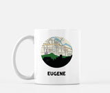 Eugene, Oregon map and skyline mug, a circular city map with the skyline in silhouette