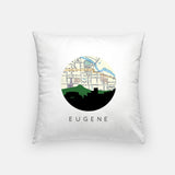 Eugene, Oregon map and skyline pillow, a circular city map with the skyline in silhouette