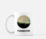 Flemington, New Jersey map and skyline mug, a circular city map with the skyline in silhouette