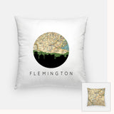 Flemington, New Jersey map and skyline pillow, a circular city map with the skyline in silhouette