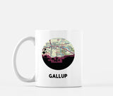Gallup, New Mexico map and skyline mug, a circular city map with the skyline in silhouette