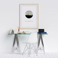 Glendale, Ohio map and skyline art print, a circular city map with the skyline in silhouette