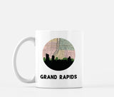 Grand Rapids, Michigan map and skyline mug, a circular city map with the skyline in silhouette