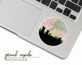 Grand Rapids, Michigan map and skyline vinyl sticker, a circular city map with the skyline in silhouette