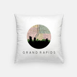 Grand Rapids, Michigan map and skyline pillow, a circular city map with the skyline in silhouette