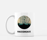 Hackensack, New Jersey map and skyline mug, a circular city map with the skyline in silhouette