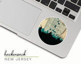 Hackensack, New Jersey map and skyline vinyl sticker, a circular city map with the skyline in silhouette