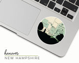 Hanover, New Hampshire map and skyline vinyl sticker, a circular city map with the skyline in silhouette