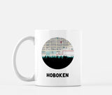 Hoboken, New Jersey map and skyline mug, a circular city map with the skyline in silhouette