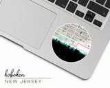 Hoboken, New Jersey map and skyline vinyl sticker, a circular city map with the skyline in silhouette
