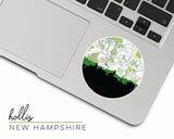 Hollis, New Hampshire map and skyline vinyl sticker, a circular city map with the skyline in silhouette