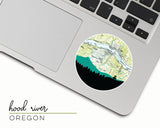 Hood River, Oregon map and skyline vinyl sticker, a circular city map with the skyline in silhouette
