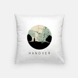 Hanover, New Hampshire map and skyline pillow, a circular city map with the skyline in silhouette
