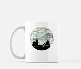 Holland, Michigan map and skyline mug, a circular city map with the skyline in silhouette