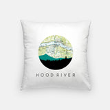Hood River, Oregon map and skyline pillow, a circular city map with the skyline in silhouette