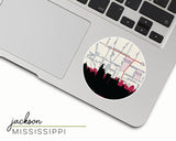 Jackson, Mississippi map and skyline vinyl sticker, a circular city map with the skyline in silhouette