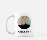 Jersey City, New Jersey map and skyline mug, a circular city map with the skyline in silhouette