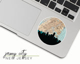 Jersey City, New Jersey map and skyline vinyl sticker, a circular city map with the skyline in silhouette