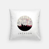 Jackson, Mississippi map and skyline pillow, a circular city map with the skyline in silhouette