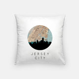 Jersey City, New Jersey map and skyline pillow, a circular city map with the skyline in silhouette