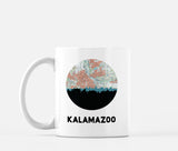 Kalamazoo, Michigan map and skyline mug, a circular city map with the skyline in silhouette