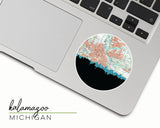 Kalamazoo, Michigan map and skyline vinyl sticker, a circular city map with the skyline in silhouette
