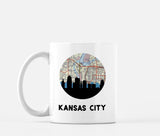 Kansas City, Missouri map and skyline mug, a circular city map with the skyline in silhouette