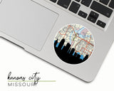 Kansas City, Missouri map and skyline vinyl sticker, a circular city map with the skyline in silhouette