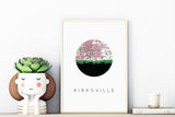 Kirksville, Missouri city skyline with vintage Kirksville map