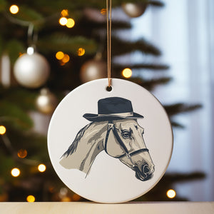 Horse Ornament - Dapper white horse in fedora, perfect for holiday cheer and charming gifts, ideal for horse lovers & whiskey fans!