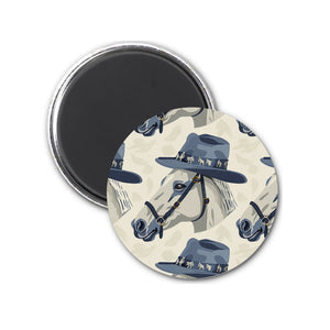 Funny magnet featuring dapper horse in sassy blue cowboy hat, eye-catching fridge decor, perfect gift for horse lovers' humor!