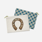 Horse Pouch: Equestrian-Inspired Lucky Horseshoe Zipper Pouch with Charming Blue Plaid – Great for Keeping Essentials in Style! | Horse + Whiskey Collection