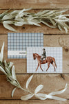 Horse and Rider on Blue Plaid, equestrian greeting card, blank everyday card | Horse + Whiskey Collection