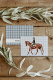 Horse and Rider on Blue Plaid, equestrian greeting card, blank everyday card | Horse + Whiskey Collection