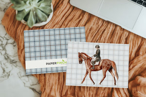 Horse and Rider on Blue Plaid, equestrian greeting card, blank everyday card | Horse + Whiskey Collection